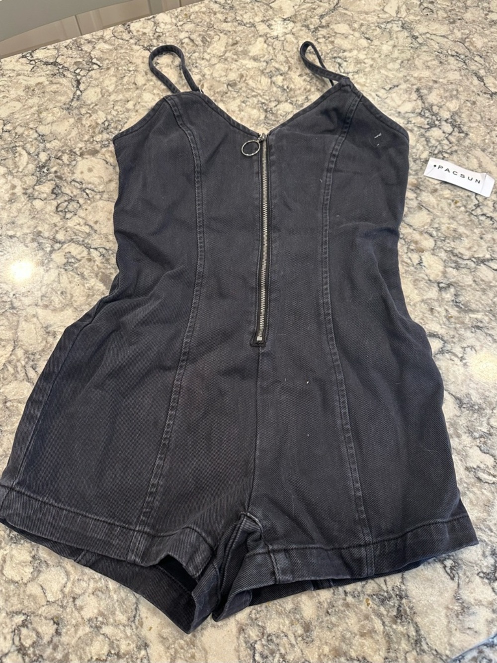 PacSun Black Denim Zip Romper with Ring Pull